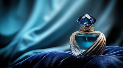 Close up of a luxurious perfume bottle on a blue velvet surface