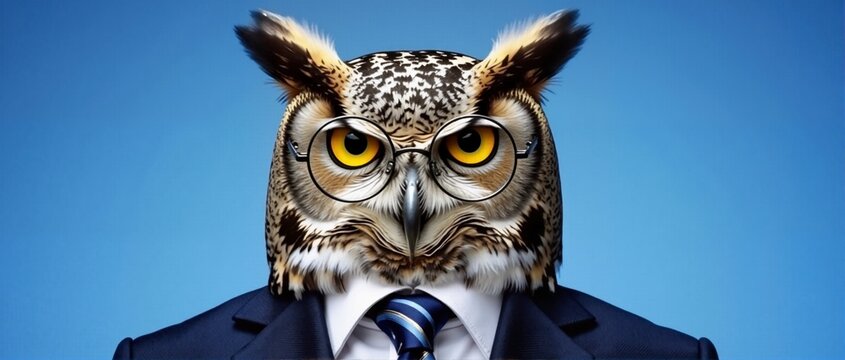 Portrait of a wise owl wearing glasses, a business suit, and a tie on a blue background, anthropomorphic animal character.