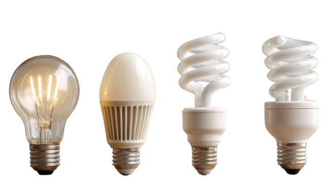 Four different light bulb types,  in a row.  From left to right Edison,  bulb,  oval,  spiral fluorescent