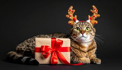 A cat wearing antler headband with snowflakes, holding a wrapped gift against a black background.