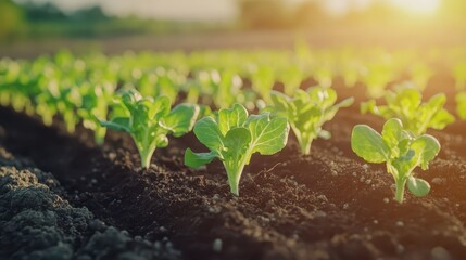 Young Lettuce Sprouts Growing in Neat Rows Outdoors