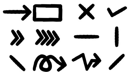 A collection of hand-drawn black marker symbols including arrows, checkmarks, and crosses on a white background.
