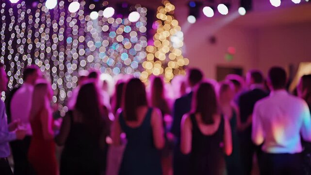 Crowd of people at elegant party venue with decorative hanging bokeh lights. Silhouettes of guests beneath crystal chandelier decoration. Purple and pink illumination. Festive gala event atmosphere
