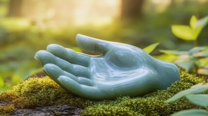 Close up of a smooth green stone sculpture of an open hand resting on mossy ground in dappled sunlight