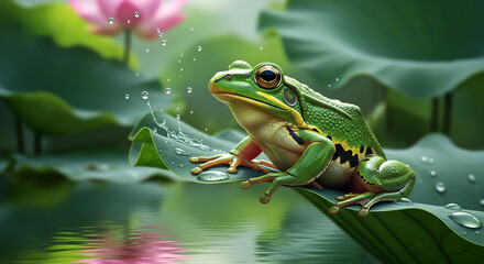 A green frog sitting on a lotus leaf in a pond with lotus flowers in the background