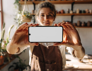 Female artisan in a sunlit pottery studio presents a smartphone with a blank screen, perfect for a digital mockup