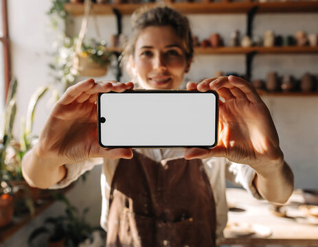 Female artisan in a sunlit pottery studio presents a smartphone with a blank screen, perfect for a digital mockup