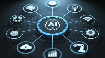 AI brain icon in center with connected technology and innovation icons artificial intelligence