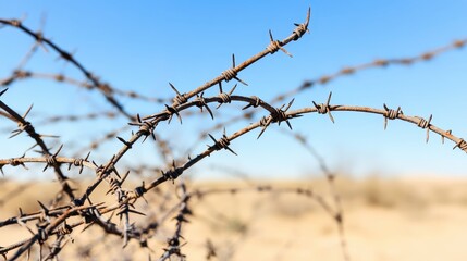Close up of barbed wire against a clear blue sky