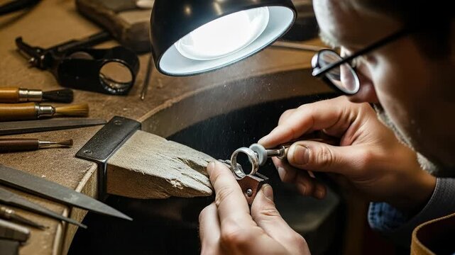 Skilled Jeweler Meticulously Crafts Intricate Ring Under Magnifying Lamp.