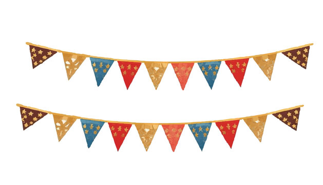 Watercolor festive bunting garland with colorful triangular flags, a playful decoration for a birthday celebration