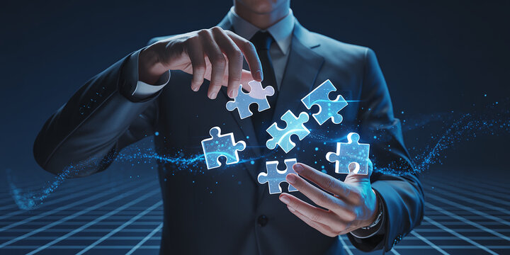 Businessman holding and connecting glowing puzzle pieces with particles suit hands