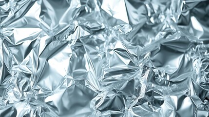 Close up of crumpled shiny aluminum foil with light and shadow creating abstract metallic texture