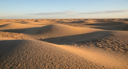 Aerial view of desert landscape with sand dunes and blue sky