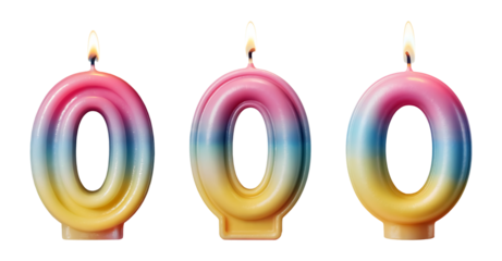 Celebrate zero years young with vibrant rainbow number candles for joyful milestone birthdays or anniversaries isolated on png transparent background