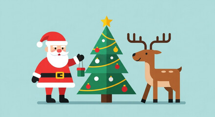 Santa claus, reindeer and christmas tree in flat design style