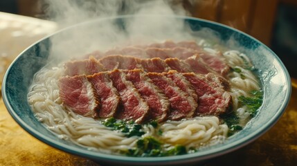 Close up of delicious Vietnamese Pho served in a steaming bowl