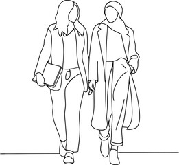 Two stylish women walking together illustration outline