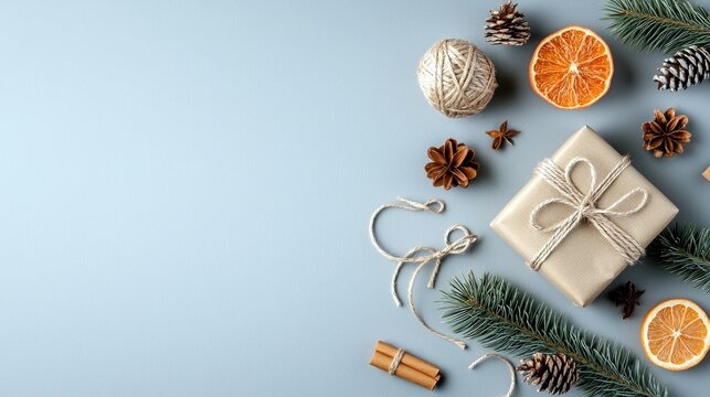 A flat lay composition of Christmas gift wrapping supplies and natural festive decorations arranged on a light blue surface. - Powered by Adobe