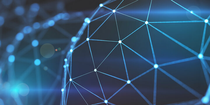 Close-up of a glowing blue digital network sphere with bokeh lights abstract technology - Powered by Adobe