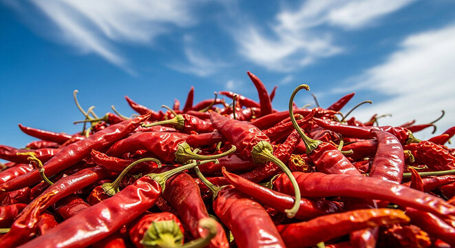 Bright red dried chili peppers under blue sky showing spicy flavor and natural food texture