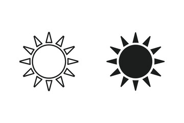 Two sun icons, one outlined and one solid, representing warmth, light, and energy, offering a simple and clean design isolated on