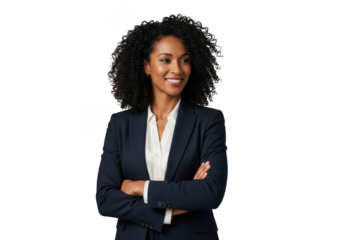 Smiling businesswoman with arms crossed isolated on transparent background