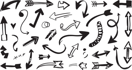 Collection of handdrawn black arrow vectors pointing different directions indicates movement on a transparent background