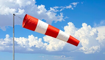 Windsock indicates airflow direction against a vibrant blue sky.