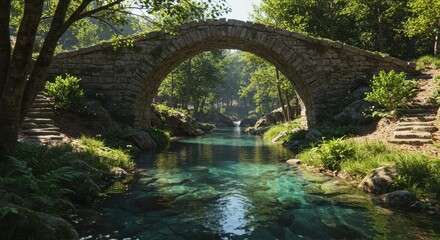 Ancient stone arch bridge spans clear turquoise water in a lush forest setting