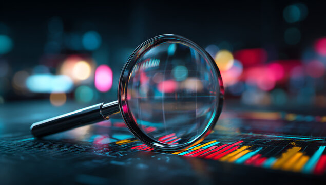 Magnifying glass over stock market chart, business analysis and investment
