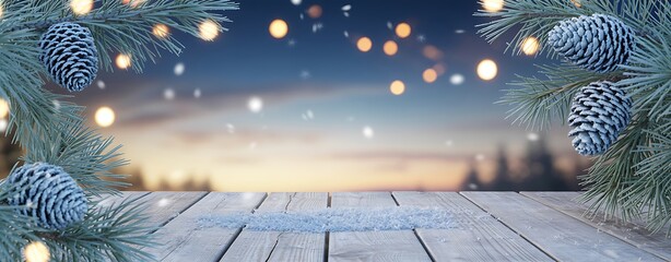 Snowy pine cones and branches on a wooden table with blurred lights background