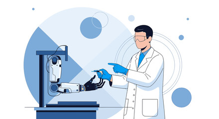 Technician administering a chemical solution to a robotic arm in a controlled environment