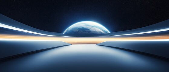 An abstract background with the planet Earth in the sky above a modern futuristic corridor featuring blue lighting and long shadows