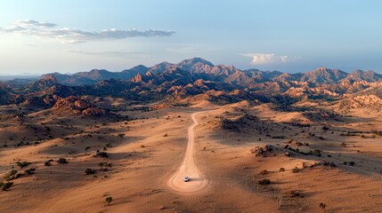 A lone vehicle traverses a dusty, winding road through a dry, rocky landscape towards a distant mountain range.