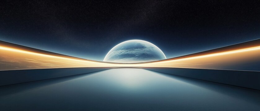 A futuristic minimalist background with an empty glowing planet in the center and smooth lines on both sides illuminated by soft lighting