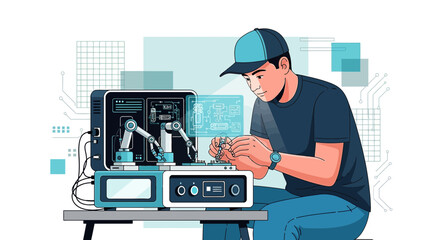 Technician repairing sophisticated technological machine with robotic arm assistance in a lab