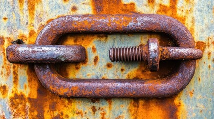Close up of oxidized and corroded metal fasteners holding together rusty links on a textured surface