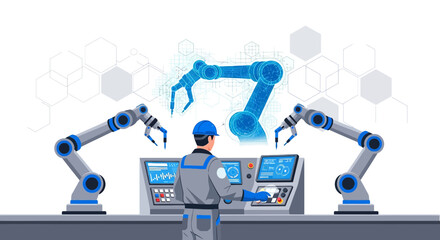 Technological advancement showcase: Man overseeing automated robotic system in factory setting