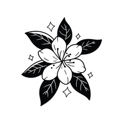 Black and white flower with leaves and sparkles