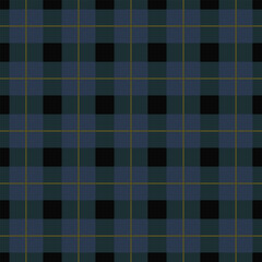 tartan-style plaid seamless pattern design containing dark green, dark navy blue, and thin olive-yellow lines