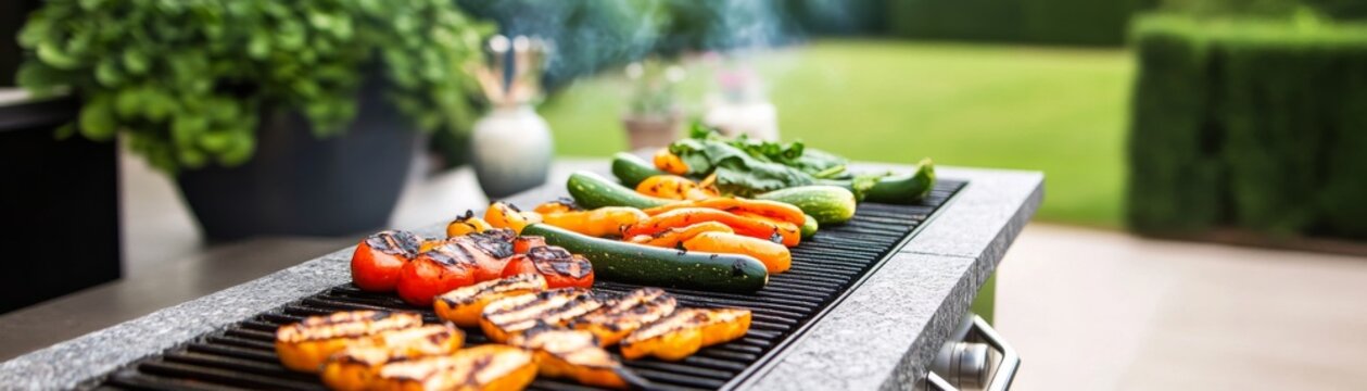 Grilled Vegetables on Outdoor BBQ in Garden, healthy food, grilling