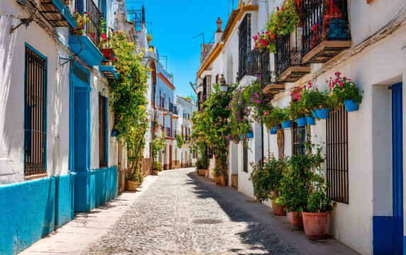 Beautiful street in cordoba, andalusia, spain with flowers and architecture