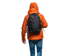 Person wearing an orange jacket and jeans with a backpack isolated on transparent background