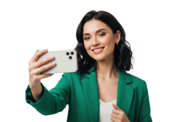 Young woman taking a selfie with a smartphone isolated on transparent background