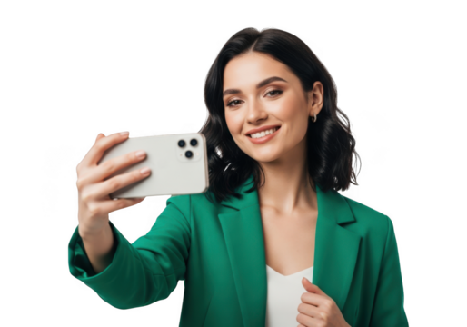 Young woman taking a selfie with a smartphone isolated on transparent background - Powered by Adobe