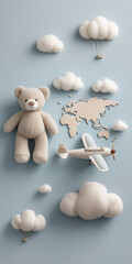 Obraz premium Teddy Bear With Felt World Map and Toy Airplane. Whimsical Child Travel Concept.