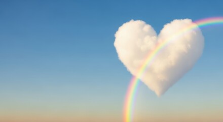 Naklejka premium Heart-shaped cloud with rainbow against clear blue sky concept of winter 