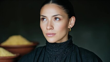 Thoughtful Hispanic woman gazes upward, serene ambiance with subtle elegance, introspective mood captures timeless beauty - Powered by Adobe