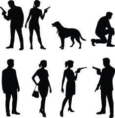 Silhouette agents holding guns, detective figures posing with dog, investigation scene illustration, secret mission concept, armed character silhouettes